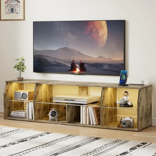 Vista 12 de VECELO Soporte de TV LED para 55 pulgadas, centro de entretenimiento con tomas de corriente, gabinete de televisión industrial para sala de estar