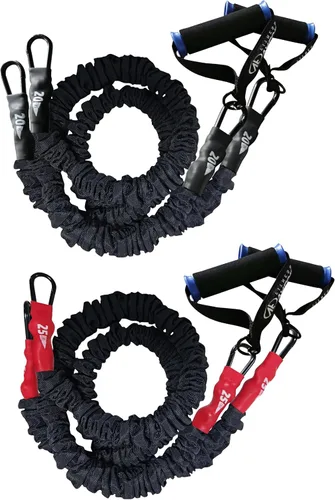 Vista 10 de Valor Fitness Bandas de resistencia – 5 libras a 25 libras – Mosquetones adjuntos y 2 bandas por opción de peso con asas – Funda cubierta