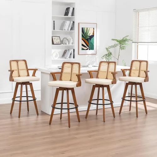 Vista 30 de Juego de 2 Taburetes de Mostrador - Taburetes Giratorios de 27 Pulgadas con Respaldo de Ratán, Brazos Curvos, Asiento Tapizado, Patas de Bambú Nogal