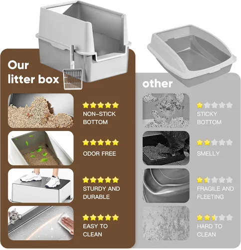 Vista 7 de Caja de arena de acero inoxidable de 16 pulgadas de alto con tapa, caja de arena de metal cerrada XL XXL extra grande para gatos grandes y gatitos