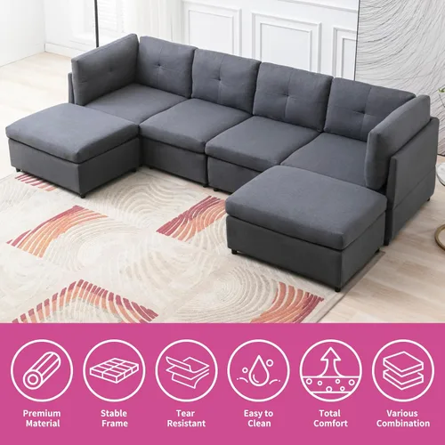 Vista 3 de Sofá modular seccional, sofá convertible en forma de U con otomanas extraíbles, diseño capitoné, sofá modular de 6 asientos para sala de estar, gris