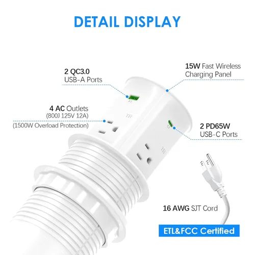 Vista 7 de ANNQUAN 3.15 "Pop Up Encimera Salida Cargador Inalámbrico 65W USB 800J Blanco