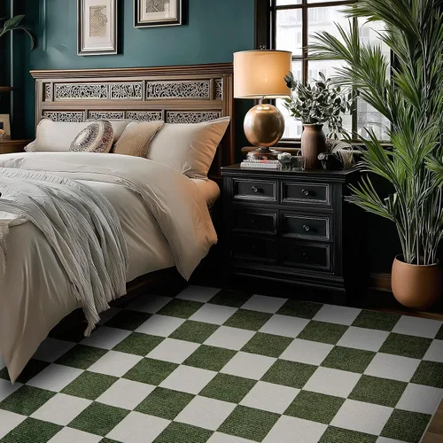Vista 5 de Alfombra Lavable 5x7 de Cuadros, Alfombra de Área Verde y Blanca, Alfombras Grandes Boho para Sala de Estar, Alfombra de Bajo Pilo Ligera para Verde