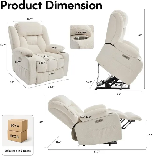 Vista 3 de FLEXISPOT Silla reclinable eléctrica con masaje y calor, silla elevadora de un solo motor, tapicería de tela de felpilla, USB/tipo C, portavasos