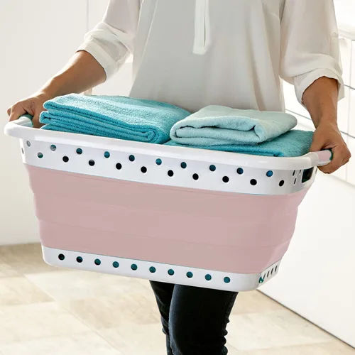 Vista 3 de Pop & Load Collapse and Store - Cesta plegable de plástico para la ropa, grande, 1 cesta de lavandería desplegable con 2 asas de agarre cómodo, 10.5