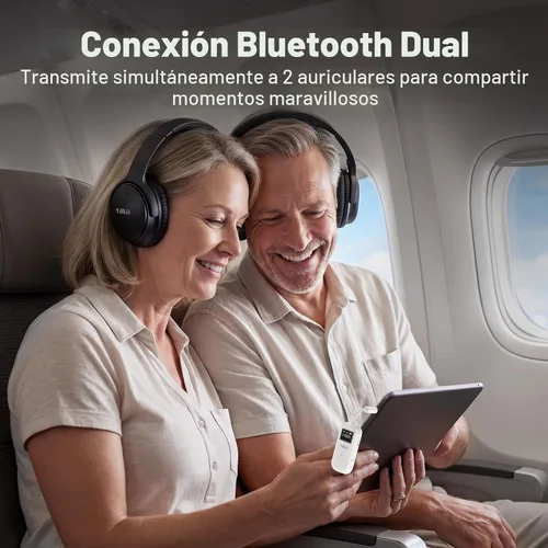 Vista 3 de 1Mii SafeFly Dual Adaptador Bluetooth de avión para AirPods o auriculares, transmisor Bluetooth con pantalla, control de volumen, aptX adaptable