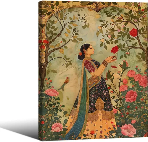 Vista 28 de Haitunone Arte de pared de mujer india paquistaní tradicional, póster de pintura floral feminista estilo mogol, impresiones en lienzo para sala