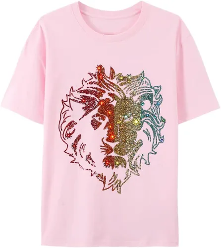 Vista 26 de HZCX FASHION Camiseta con strass brillante para Hombres y Mujeres, manga corta, con pedrería, para festivales de rock, con gemas, de algodón