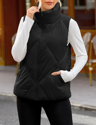 Vista 3 de MEROKEETY Chaleco acolchado sin mangas con cremallera para mujer, con cuello alto, con bolsillos