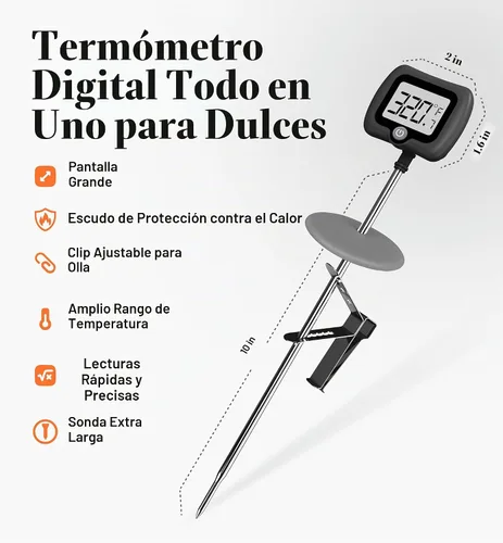 Vista 3 de Termómetro digital de dulces con clip para olla, sonda de acero inoxidable de 10 pulgadas de largo, termómetro de cocina de lectura instantánea