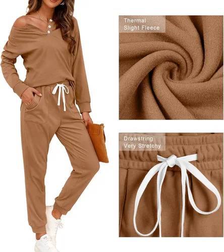 Vista 76 de Wiholl - Conjuntos de dos piezas para mujer: ropa cómoda con sudadera abotonada y pantalones deportivos con bolsillos
