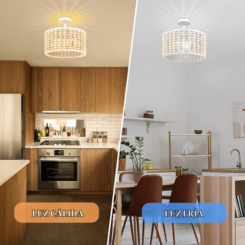Vista 4 de Candelabro Bohemio de Cuentas de Madera Blanca - Moderna Lámpara de Techo para Guardería, Luz de Montaje Semiempotrado con Cuentas, Luces