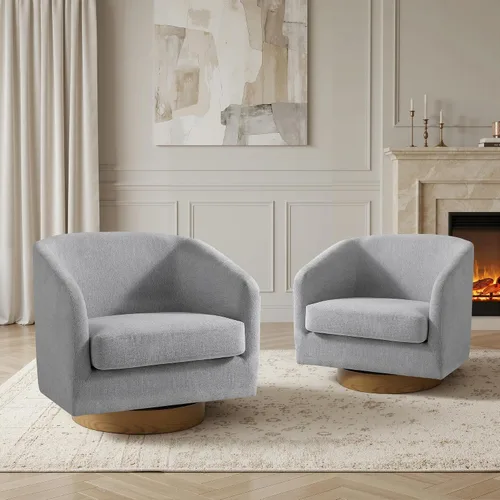 Vista 44 de Silla Giratoria de Acento de Cuero Sintético con Base de Madera, Sillas de Barril Tapizadas Modernas para Sala de Estar, Cómodo Sillón Redondo Sofá