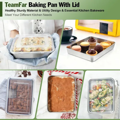 Vista 5 de TeamFar Molde para hornear con tapa, bandeja rectangular de acero inoxidable para lasaña de 9.3 x 7 pulgadas con tapa para cacerolas de brownies