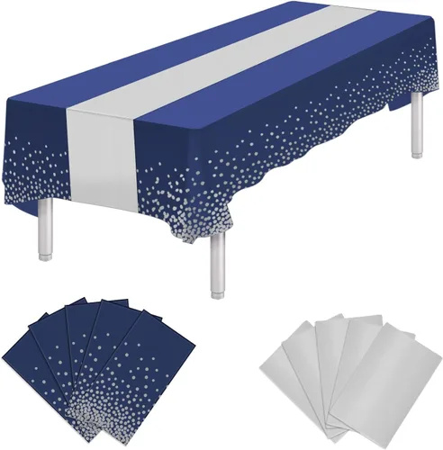 Vista 11 de Paquete de 10 manteles rectangulares de plástico y camino de mesa de satén, mantel desechable negro rectangular y dorado para cumpleaños