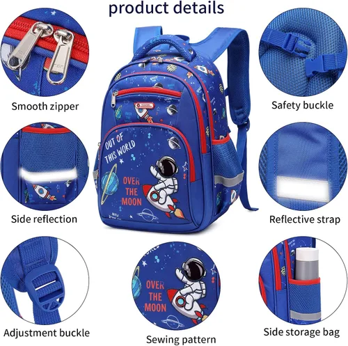 Vista 3 de Mochila infantil para niños de primaria, preescolar, 16 pulgadas, multifuncional, linda capacidad, Azul Patchwork, 16 pulgadas