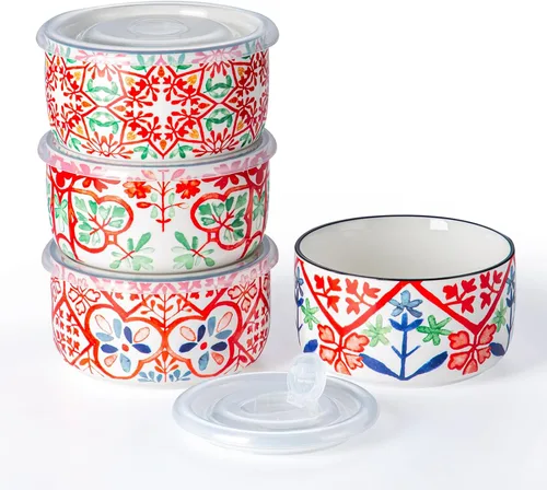 Vista 12 de Cuenco de cerámica con tapa, apto para microondas, juego de 4 Food Storage Containers for Soup, Meal Prep, Cereal, Salad Leftovers - Picnic