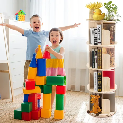 Vista 3 de Estantería giratoria, estantería giratoria de 4 niveles, estantería de madera, estantería de pie con pantalla de 360 grados para niños y adultos