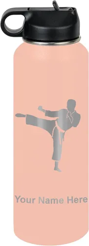 Vista 64 de Botella de agua personalizada LaserGram, Karate Man, de acero inoxidable con aislamiento al vacío de doble pared con tapa abatible, regalo grabado