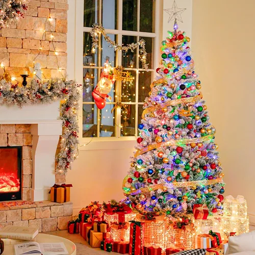 Vista 7 de Hykolity - Árbol de Navidad artificial preiluminado de 7.5 pies, con nieve artificial y 450 luces led multicolores, 10 modos, 1446 puntas de ramas