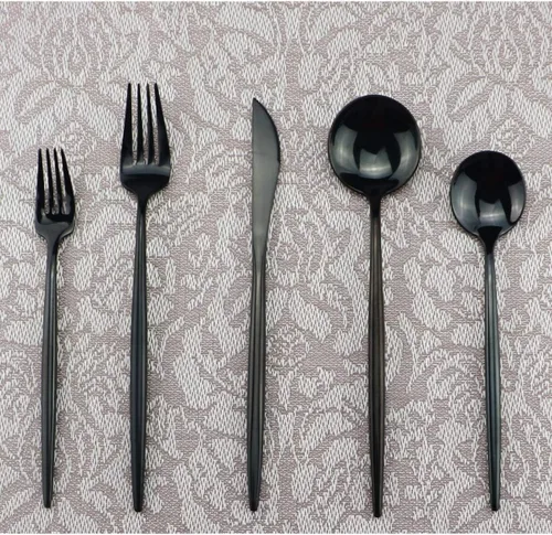 Vista 2 de Juego de cubiertos portátiles, juego de cubiertos de 5 piezas, acero inoxidable 18/10, pulido de espejo, negro, utensilios modernos y elegantes