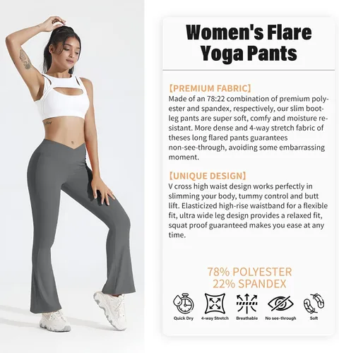 Vista 5 de Cheerace Pantalones de yoga casuales para mujer, con cintura alta, cruzados, acampanados, para entrenamiento