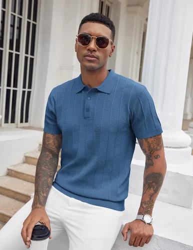 Vista 92 de COOFANDY Camisas polo de punto para hombre de manga corta con textura acanalada Camisas de golf casuales y ligeras con cuello Camiseta de polo