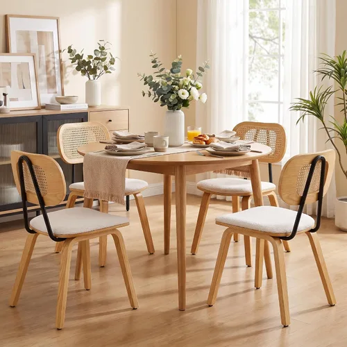 Vista 18 de Juego de 2 sillas de comedor de ratán, asiento de piel sintética Beige/Negro