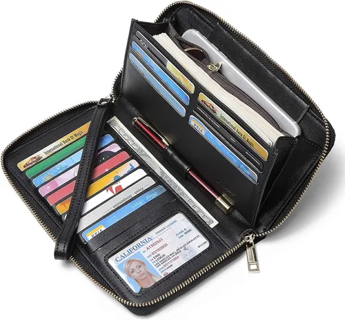 Vista 2 de CLUCI Cartera de mujer grande de cuero diseñador cremallera alrededor titular de la tarjeta de viaje embrague muñeca negro paquetes con mujer cuero