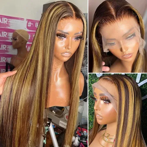 Vista 2 de Flady Peluca de cabello humano con encaje frontal ombré, prearrancada, sin pegamento, peluca frontal de encaje HD 4/27, pelucas de cabello humano