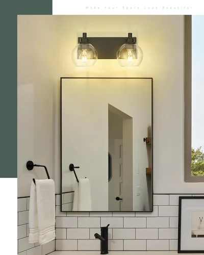 Vista 5 de Accesorios de iluminación de baño, luz de tocador mate negra de 2 luces, apliques de pared modernos con pantalla de globo de vidrio transparente