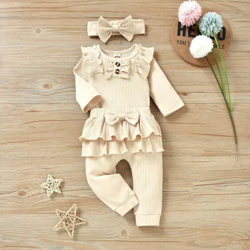 Vista 3 de Aalizzwell Conjunto de mameluco acanalado para bebés y niñas prematuros, para otoño e invierno Beige
