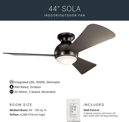 Vista 4 de Kichler Sola Ventilador de techo para exteriores de 44 pulgadas con luz LED, bronce antiguo
