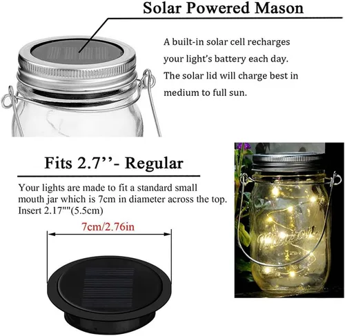 Vista 4 de 5 paquetes de luces de jarro Mason, 10 luces solares LED blanco cálido, cadena de luces de hadas para jardín, patio, bodas, Navidad. Iluminación