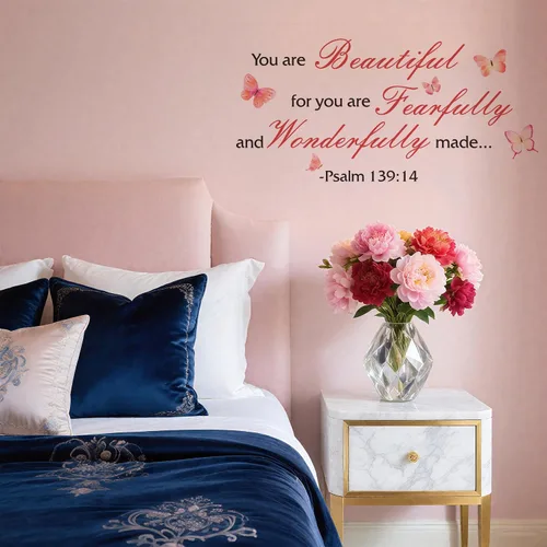 Vista 3 de Calcomanías de pared de mariposas coloridas con versículo bíblico, Salmo 139:14, calcomanías de pared cristianas, You are Beautiful for You are