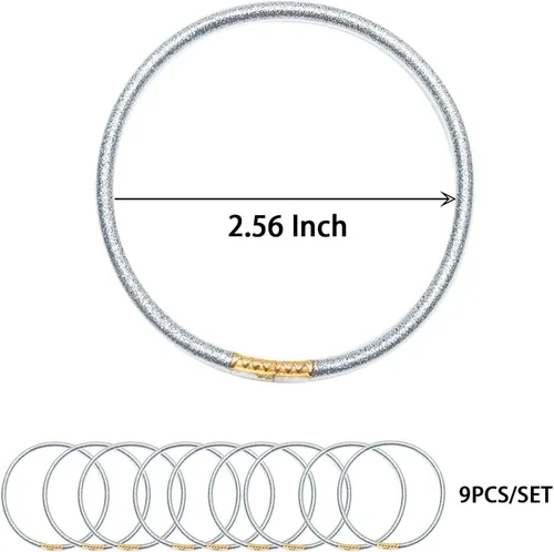 Vista 7 de BELLEXIXI Juego de 9 pulseras de gelatina de lámina dorada para mujeres y niñas, pulseras de silicona con relleno de purpurina