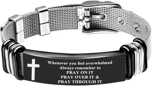 Vista 7 de Pulsera de Cruz para Hombres de Acero Inoxidable Pulsera Cristiana Joyería Religiosa con Diseño de Malla Moderno Regalo de Personalidad para Hombres