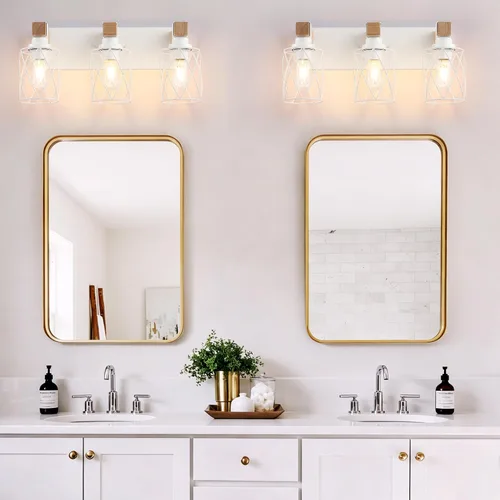 Vista 6 de Farmhouse 3-Light Wood Bathroom Vanity Light, White Metal Cage Shade
