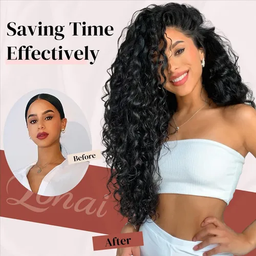 Vista 4 de LONAI Extensión de Cabello, 9 piezas, 56 cm de largo, castaño, extensiones de cabello rizadas con pinza, LN002, extensiones de cabello sintético