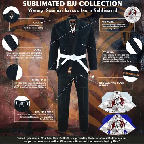 Vista 3 de Katana samurái vintage interior sublimado Pro brasileño Jiu Jitsu BJJ Kimono Gi Unisex - Cinturón incluido