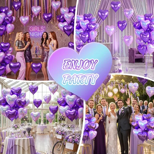 Vista 6 de Globos de corazón morado, 12 globos de aluminio iridiscentes de 18 pulgadas Púrpura iridiscente