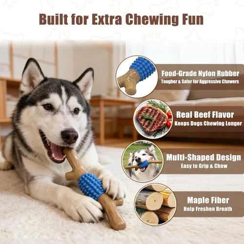 Vista 2 de SCHITEC Juguete masticable para perros para masticadores agresivos, nailon resistente y goma para dentición, juguete para mantenerlos ocupados Azul