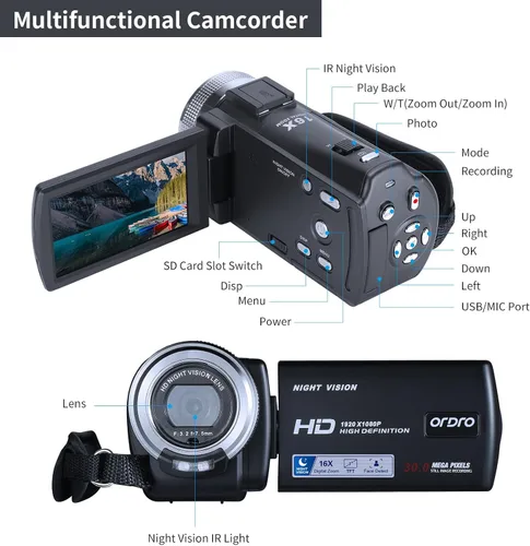 Vista 6 de Videocámaras ORDRO HDV-V12 - Videocámara HD 1080P, grabadora de vídeo, cámara de visión nocturna por infrarrojos con tarjeta de memoria de 16G y 2