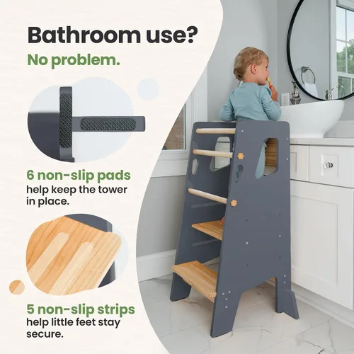 Vista 4 de Toddler Standing Tower with 3 Safety Bars - Kitchen Stool Helper - Gray 1 - Gris