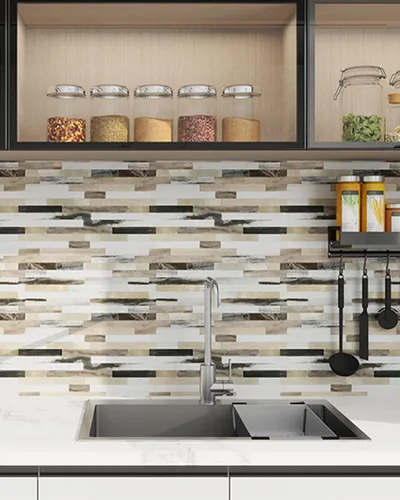 Vista 2 de KASARO 20 hojas de azulejos autoadhesivos para salpicaduras para cocina, mármol marrón blanco con rayas doradas antiguas, azulejos de mosaico