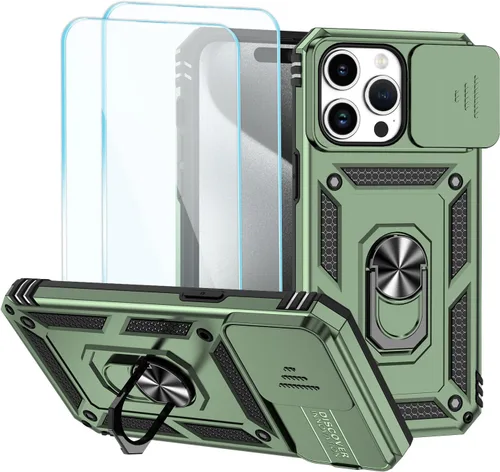 Vista 2 de Funda para teléfono SunStory para iPhone 11 con protector de pantalla HD y cubierta deslizante para la cámara y soporte giratorio con anillo