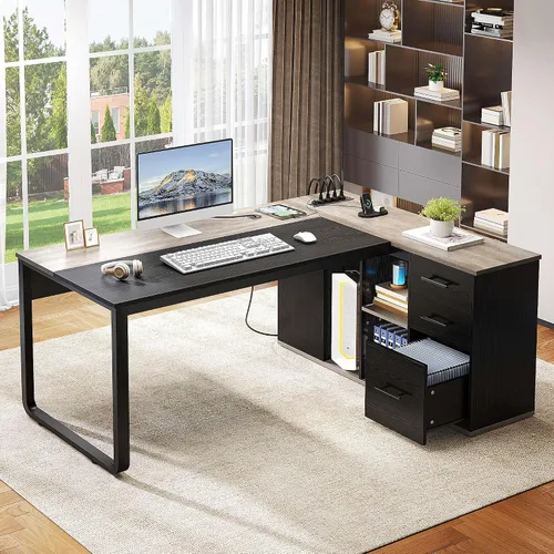 Vista 3 de YITAHOME Escritorio ejecutivo con tomas de corriente, escritorio en forma de L de 71 pulgadas con archivador, escritorio ejecutivo con cajones