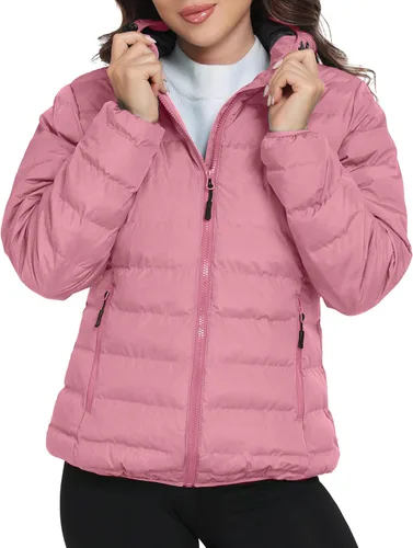 Vista 12 de Little Donkey Andy Women's Lightweight Puffer Jacket Hooded Windproof Winter Coat Jaspeado negro mejorado