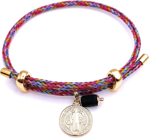Vista 7 de Pulsera chapada en oro de 18 quilates de San Benito con dije de piedra auténtica de azabache Adjustable Cuerda Chapado en oro