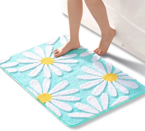 Vista 15 de QJHOMO Alfombra de baño beige con diseño de margaritas, decoración de flores blancas y amarillas, alfombra antideslizante de microfibra, súper